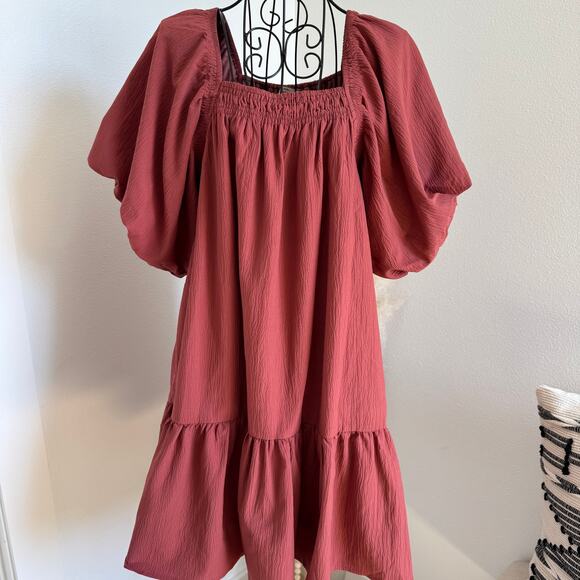 Entro Women’s Puff Sleeve Tiered Mini Dress Small Red Boho Casual Square Neck - Picture 1 of 11